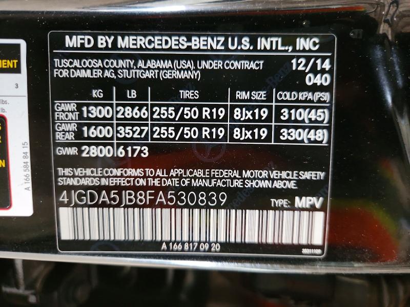 Aukcja sprzedaży 2015 Mercedes-benz Ml, vin: 4JGDA5JB8FA530839, numer aukcji: 64292316