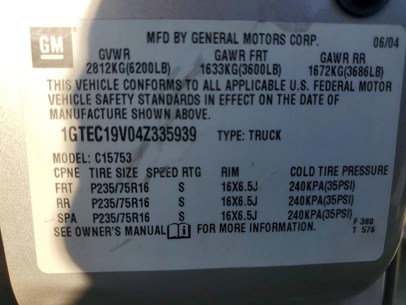 63936866 :رقم المزاد ، 1GTEC19V04Z335939 vin ، 2004 Gmc New Sierra مزاد بيع