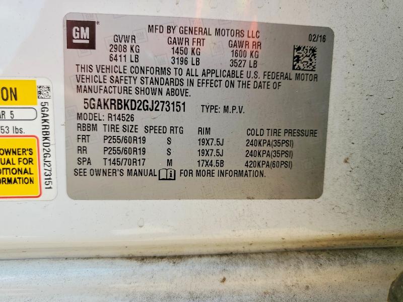 2016 Buick Enclave მანქანა იყიდება აუქციონზე, vin: 5GAKRBKD2GJ273151, აუქციონის ნომერი: 63704796