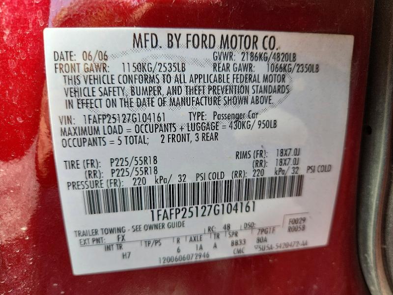 Продажа на аукционе авто 2007 Ford Five Hundred, vin: 1FAFP25127G104161, номер лота: 67132466