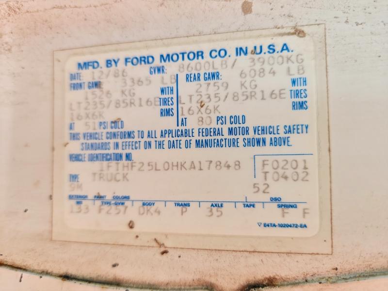 1987 Ford F250 მანქანა იყიდება აუქციონზე, vin: 1FTHF25L0HKA17848, აუქციონის ნომერი: 63825626