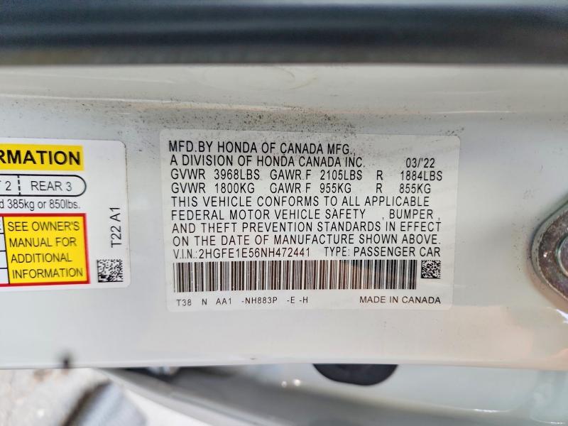 64076236 :رقم المزاد ، 2HGFE1E56NH472441 vin ، 2022 Honda Civic مزاد بيع
