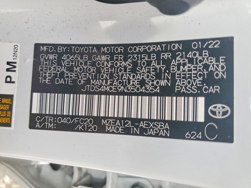 2022 Toyota Corolla მანქანა იყიდება აუქციონზე, vin: JTDS4MCE9N3504354, აუქციონის ნომერი: 66775086