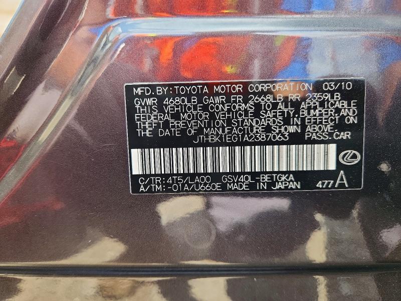 Aukcja sprzedaży 2010 Lexus Es, vin: JTHBK1EG1A2387063, numer aukcji: 65302526