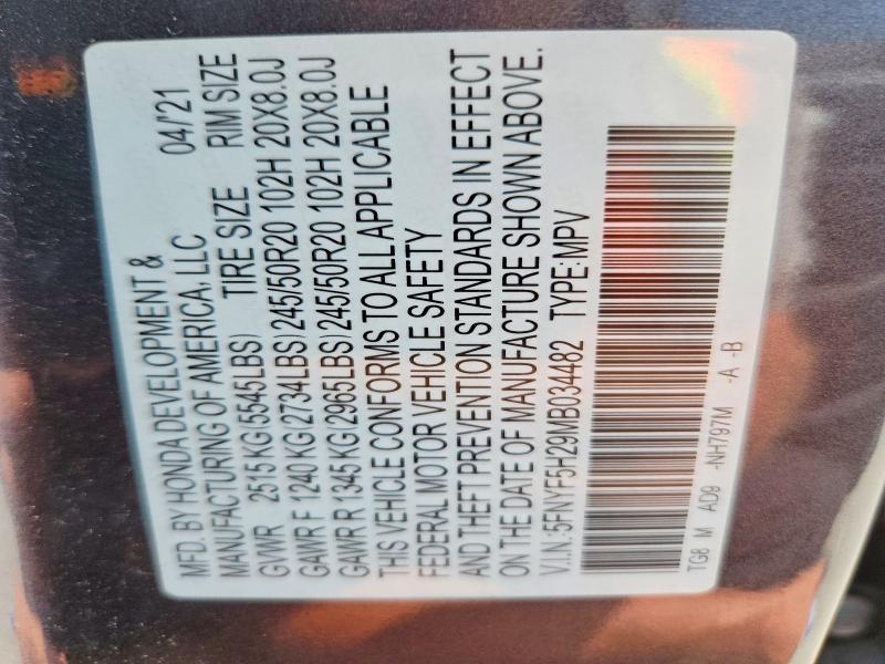 Aukcja sprzedaży 2021 Honda Pilot, vin: 5FNYF5H29MB034482, numer aukcji: 63562636