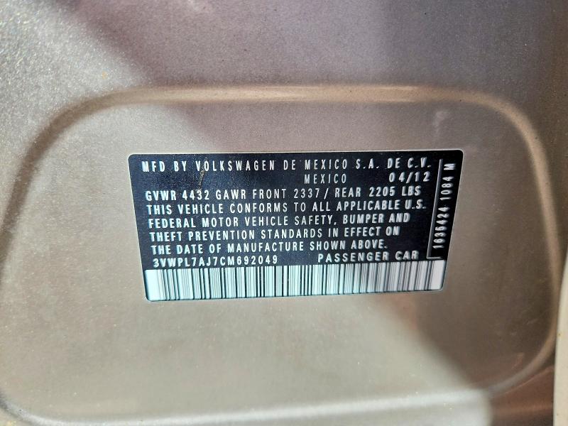 Продаж на аукціоні авто 2012 Volkswagen Jetta, vin: 3VWPL7AJ7CM692049, номер лоту: 64895326