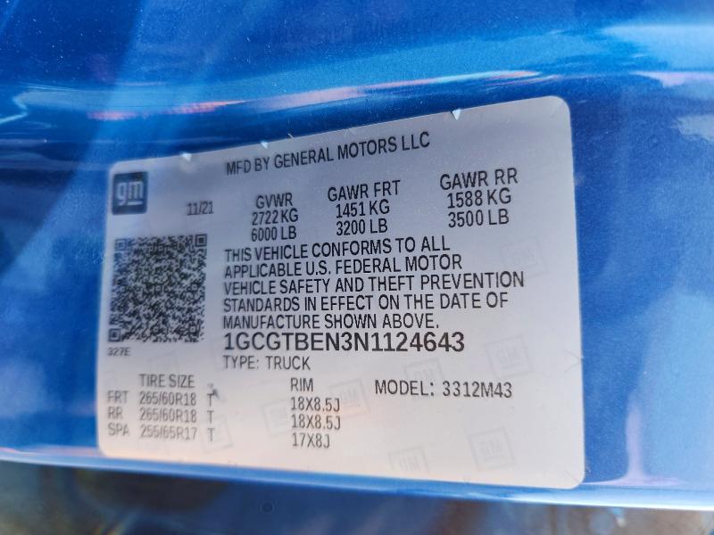 2022 Chevrolet Colorado მანქანა იყიდება აუქციონზე, vin: 1GCGTBEN3N1124643, აუქციონის ნომერი: 63905376