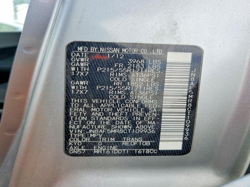 67327736 :رقم المزاد ، JN8AF5MR8CT109936 vin ، 2012 Nissan Juke مزاد بيع