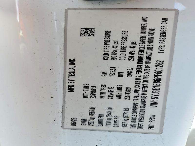 2023 Tesla Model 3 მანქანა იყიდება აუქციონზე, vin: 5YJ3E1EB6PF601262, აუქციონის ნომერი: 64072456