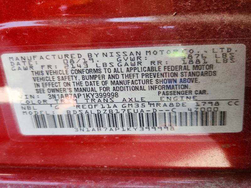 64149286 :رقم المزاد ، 3N1AB7AP1KY399998 vin ، 2019 Nissan Sentra مزاد بيع