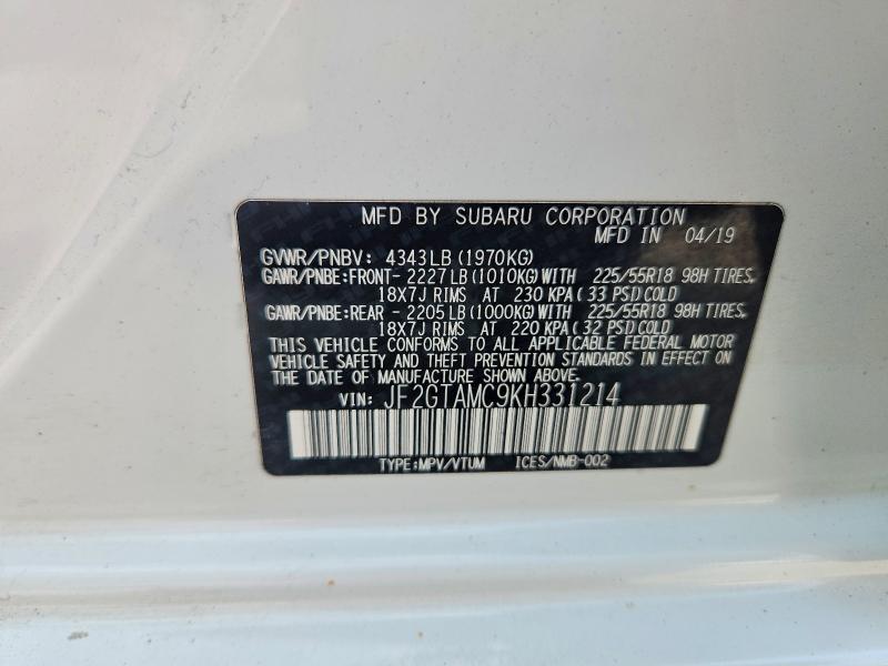 Aukcja sprzedaży 2019 Subaru Crosstrek, vin: JF2GTAMC9KH331214, numer aukcji: 64610376