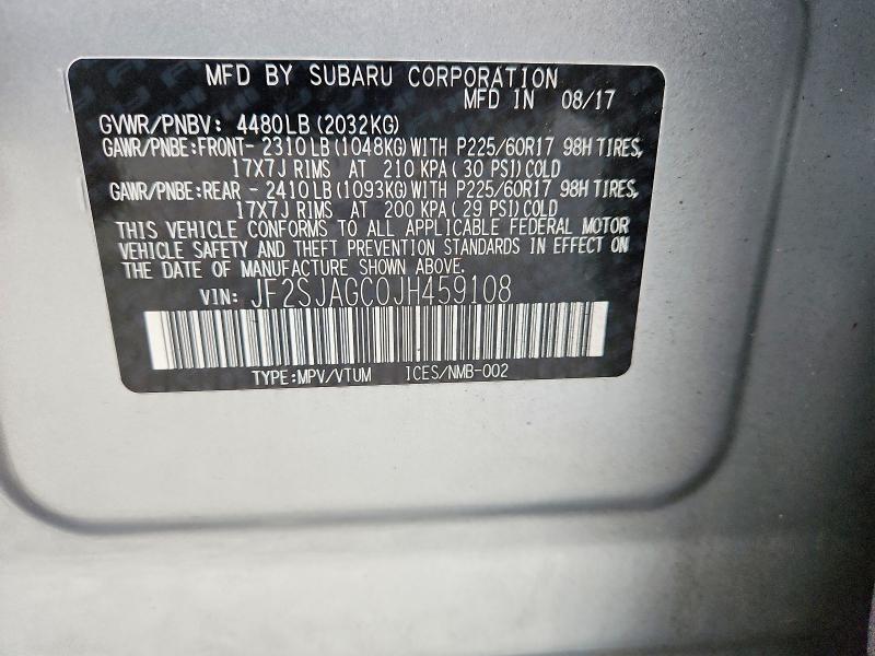 Продаж на аукціоні авто 2018 Subaru Forester, vin: JF2SJAGC0JH459108, номер лоту: 66785626