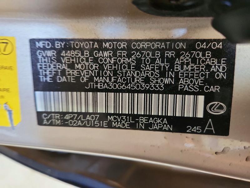 2004 Lexus Es მანქანა იყიდება აუქციონზე, vin: JTHBA30G645039333, აუქციონის ნომერი: 66352456