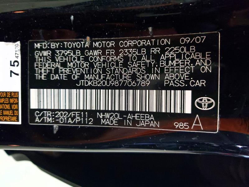 Aukcja sprzedaży 2008 Toyota Prius, vin: JTDKB20U987706789, numer aukcji: 63534726