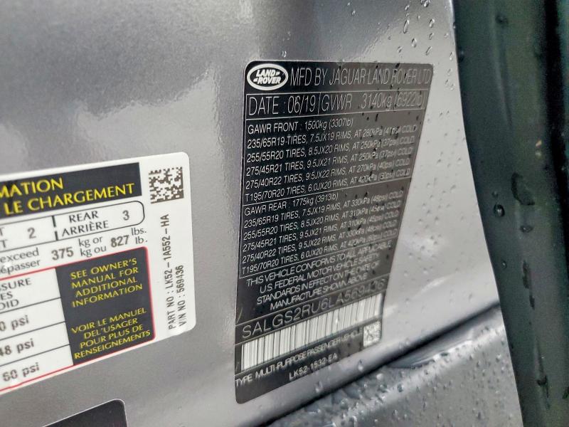 Aukcja sprzedaży 2020 Land Rover Range Rover, vin: SALGS2RU6LA569436, numer aukcji: 65122296