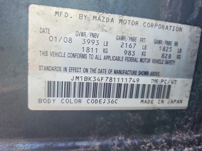63165646 :رقم المزاد ، JM1BK34F781111749 vin ، 2008 Mazda 3 مزاد بيع