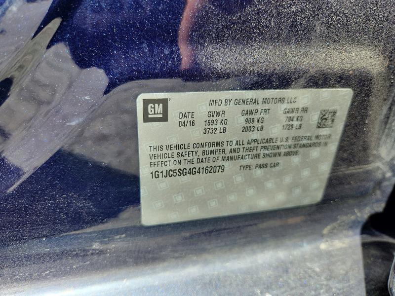 2016 Chevrolet Sonic მანქანა იყიდება აუქციონზე, vin: 1G1JC5SG4G4162079, აუქციონის ნომერი: 65856176