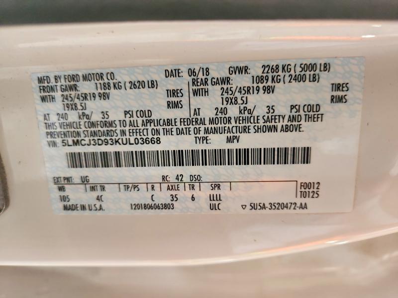 Aukcja sprzedaży 2019 Lincoln Mkc, vin: 5LMCJ3D93KUL03668, numer aukcji: 63123746