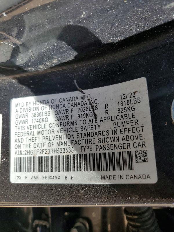 Продажа на аукционе авто 2024 Honda Civic, vin: 2HGFE2F23RH533535, номер лота: 65044696
