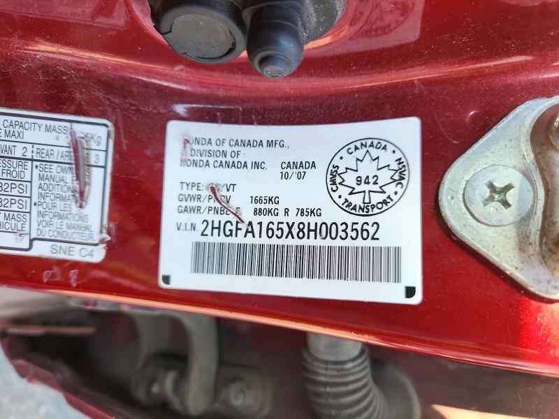 Aukcja sprzedaży 2008 Honda Civic, vin: 2HGFA165X8H003562, numer aukcji: 65000276