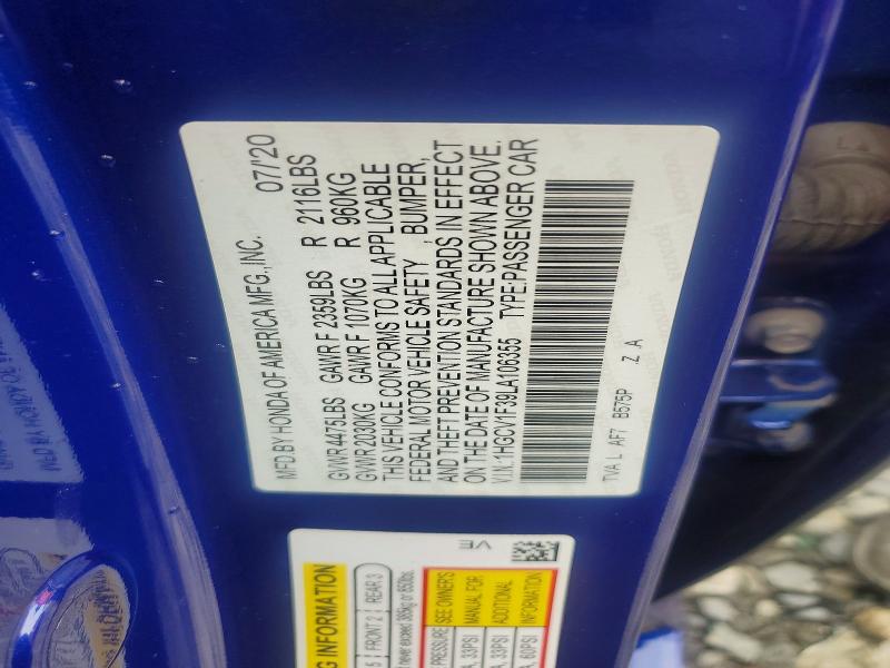 Продажа на аукционе авто 2020 Honda Accord, vin: 1HGCV1F39LA106355, номер лота: 63808156
