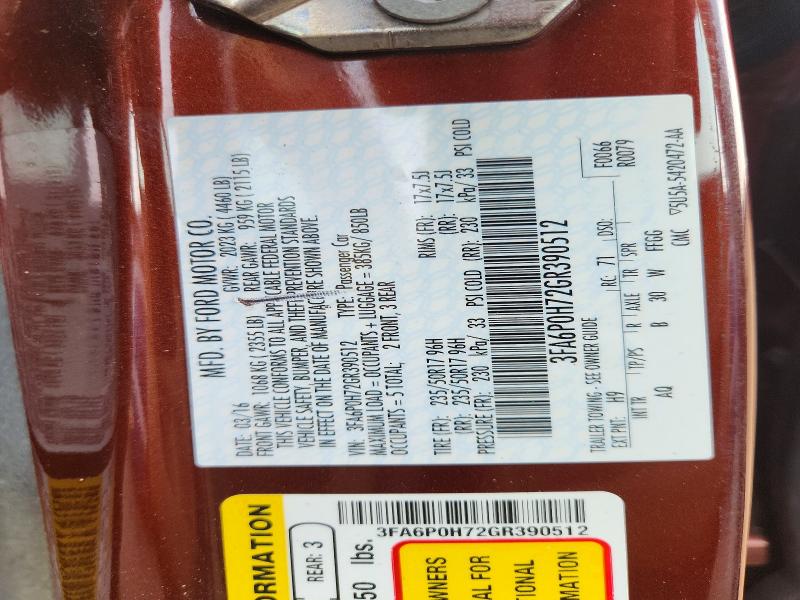 Aukcja sprzedaży 2016 Ford Fusion, vin: 3FA6P0H72GR390512, numer aukcji: 63718836