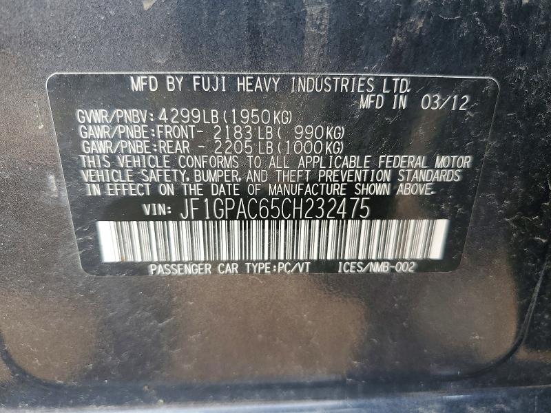 Aukcja sprzedaży 2012 Subaru Impreza, vin: JF1GPAC65CH232475, numer aukcji: 63568826