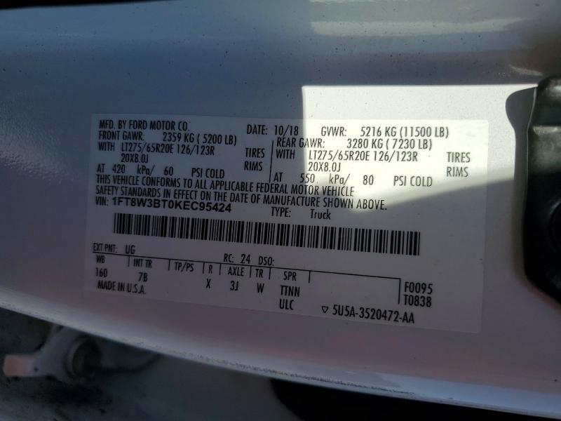 2019 Ford F350 მანქანა იყიდება აუქციონზე, vin: 1FT8W3BT0KEC95424, აუქციონის ნომერი: 64958916