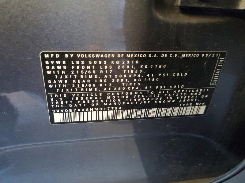 Aukcja sprzedaży 2022 Volkswagen Tiguan, vin: 3VV0B7AX8NM017794, numer aukcji: 63909996