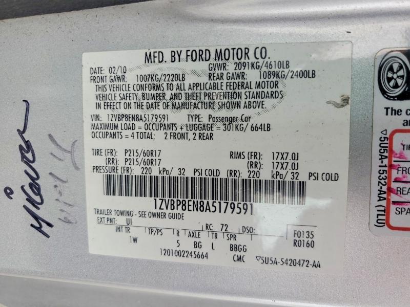 63710676 :رقم المزاد ، 1ZVBP8EN8A5179591 vin ، 2010 Ford Mustang مزاد بيع