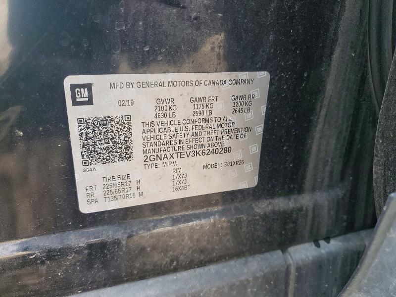 64851146 :رقم المزاد ، 2GNAXTEV3K6240280 vin ، 2019 Chevrolet Equinox مزاد بيع