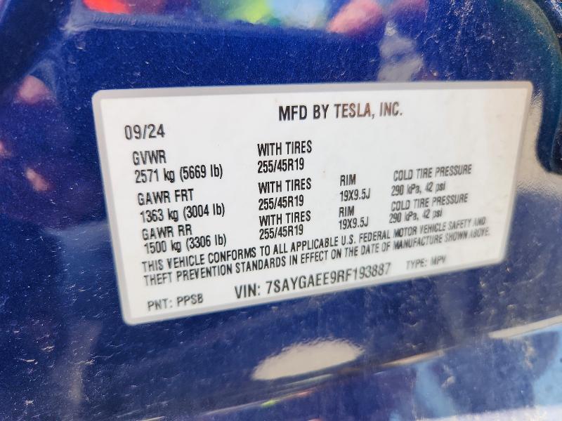 65898396 :رقم المزاد ، 7SAYGAEE9RF193887 vin ، 2024 Tesla Model Y مزاد بيع