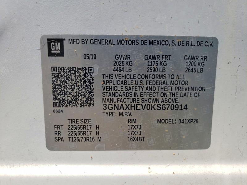 2019 Chevrolet Equinox მანქანა იყიდება აუქციონზე, vin: 3GNAXHEV0KS670914, აუქციონის ნომერი: 61572526