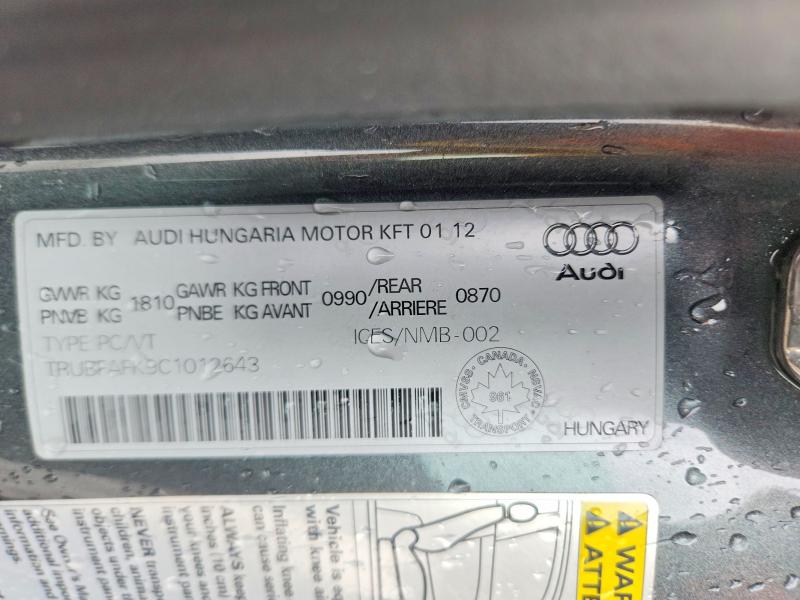 2012 Audi Tt მანქანა იყიდება აუქციონზე, vin: TRUBFAFK9C1012643, აუქციონის ნომერი: 64562666