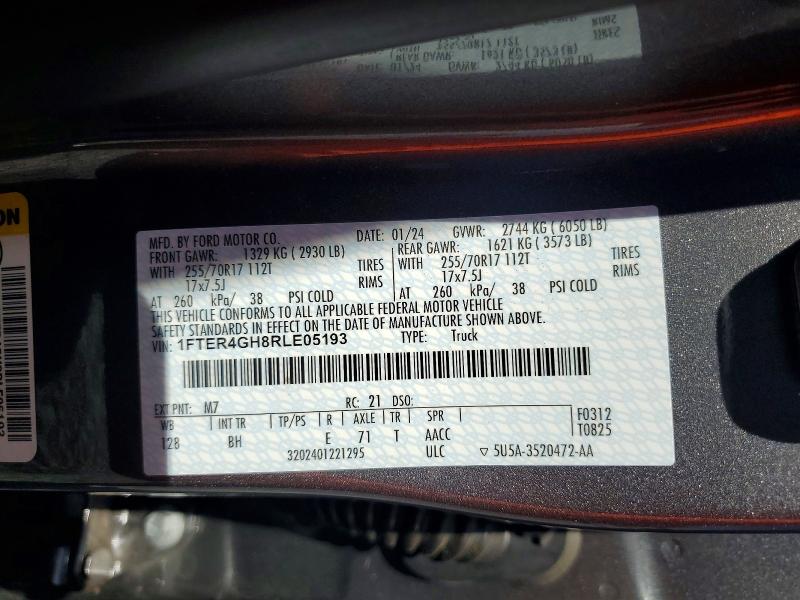 2024 Ford Ranger მანქანა იყიდება აუქციონზე, vin: 1FTER4GH8RLE05193, აუქციონის ნომერი: 65113096