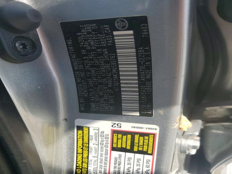 2021 Toyota Camry მანქანა იყიდება აუქციონზე, vin: 4T1G11AK3MU595762, აუქციონის ნომერი: 66628266