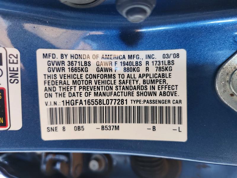 Продаж на аукціоні авто 2008 Honda Civic, vin: 1HGFA16558L077281, номер лоту: 64599956