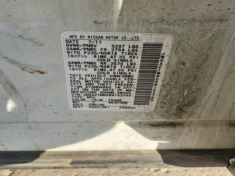 2011 Nissan Murano მანქანა იყიდება აუქციონზე, vin: JN8AZ1MW0BW183760, აუქციონის ნომერი: 65682486