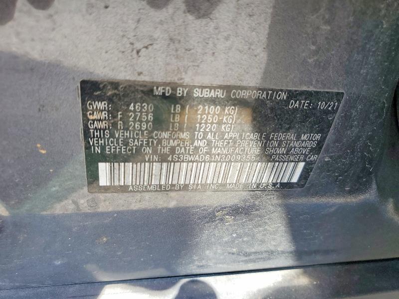 2022 Subaru Legacy მანქანა იყიდება აუქციონზე, vin: 4S3BWAD61N3009355, აუქციონის ნომერი: 65515446