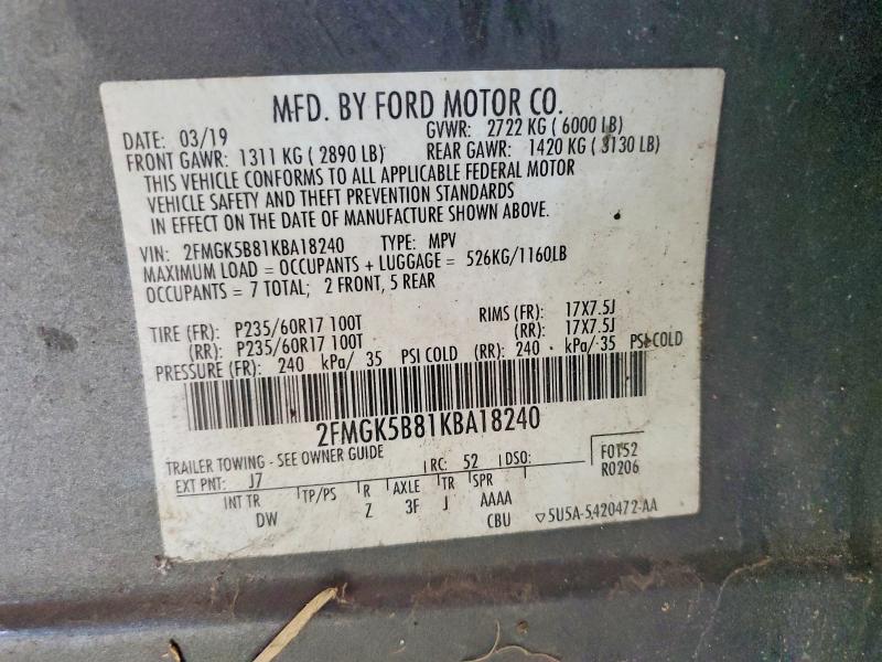 2019 Ford Flex მანქანა იყიდება აუქციონზე, vin: 2FMGK5B81KBA18240, აუქციონის ნომერი: 66074076