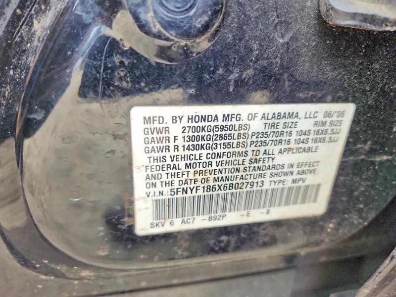 2006 Honda Pilot მანქანა იყიდება აუქციონზე, vin: 5FNYF186X6B027913, აუქციონის ნომერი: 63315866