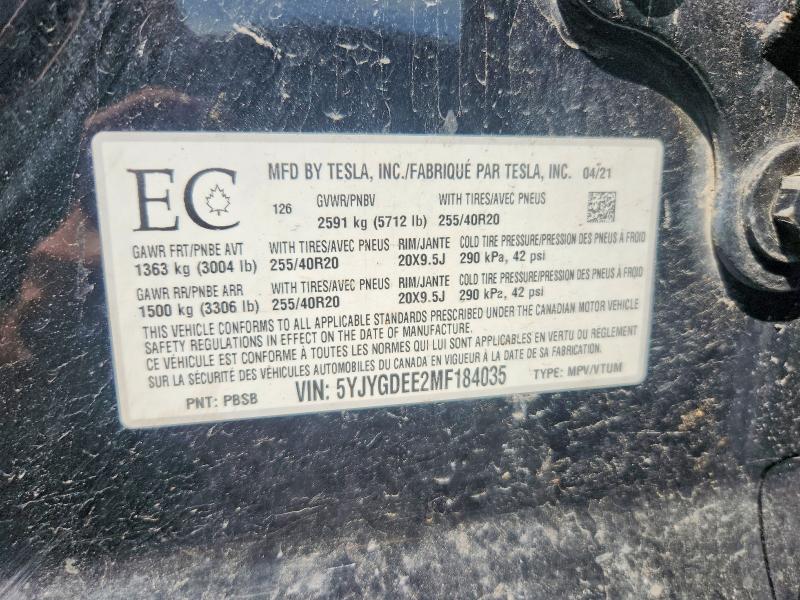 2021 Tesla Model Y მანქანა იყიდება აუქციონზე, vin: 5YJYGDEE2MF184035, აუქციონის ნომერი: 62983746
