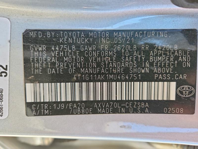 66499946 :رقم المزاد ، 4T1G11AK1MU464751 vin ، 2021 Toyota Camry مزاد بيع