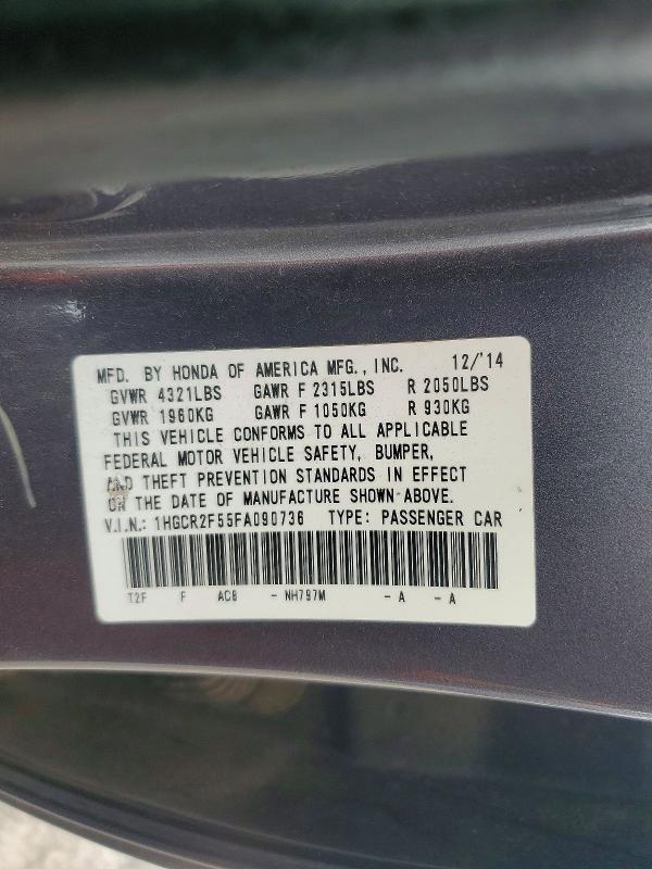 2015 Honda Accord მანქანა იყიდება აუქციონზე, vin: 1HGCR2F55FA090736, აუქციონის ნომერი: 63840046