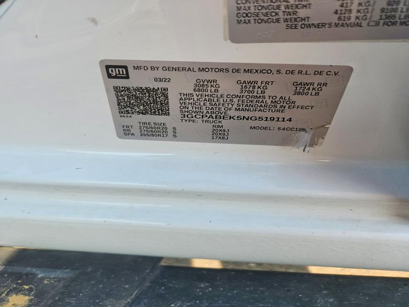 Aukcja sprzedaży 2022 Chevrolet Silverado, vin: 3GCPABEK5NG519114, numer aukcji: 62866516