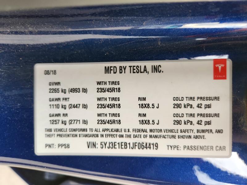 Aukcja sprzedaży 2018 Tesla Model 3, vin: 5YJ3E1EB1JF064419, numer aukcji: 66068546
