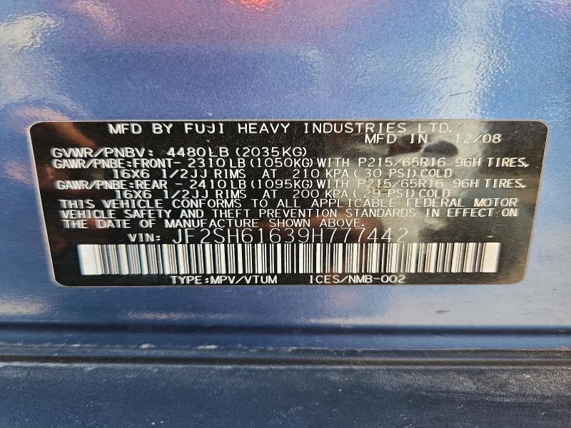 Aukcja sprzedaży 2009 Subaru Forester, vin: JF2SH61639H777442, numer aukcji: 65655426