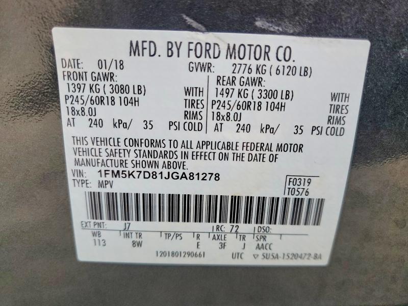 65521346 :رقم المزاد ، 1FM5K7D81JGA81278 vin ، 2018 Ford Explorer مزاد بيع