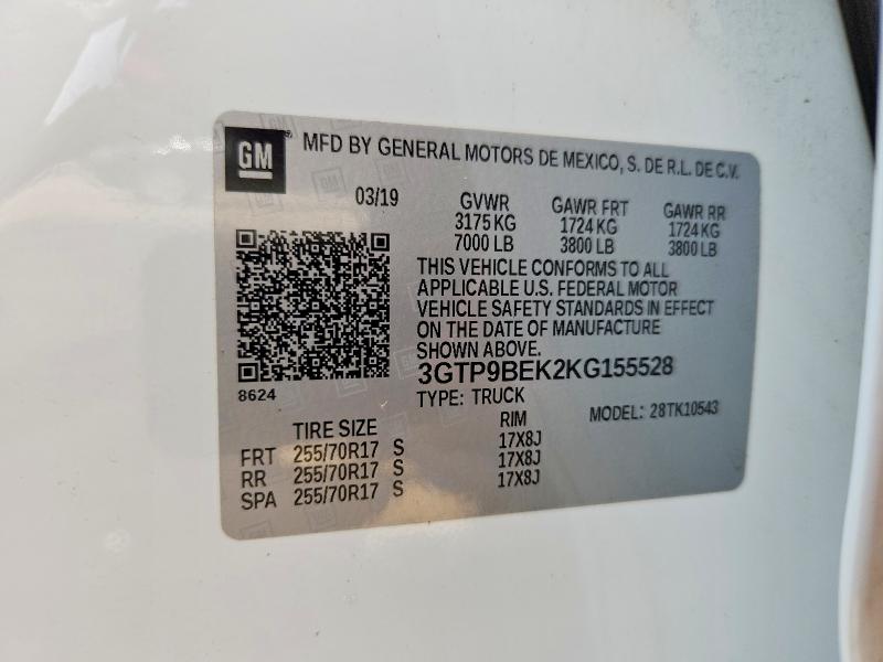 2019 Gmc Sierra მანქანა იყიდება აუქციონზე, vin: 3GTP9BEK2KG155528, აუქციონის ნომერი: 64601566