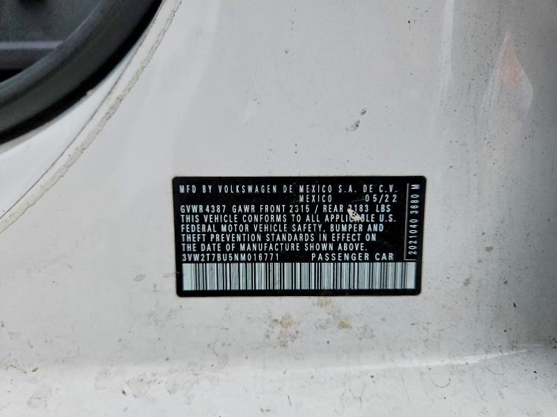 2022 Volkswagen Jetta მანქანა იყიდება აუქციონზე, vin: 3VW2T7BU5NM016771, აუქციონის ნომერი: 65017786